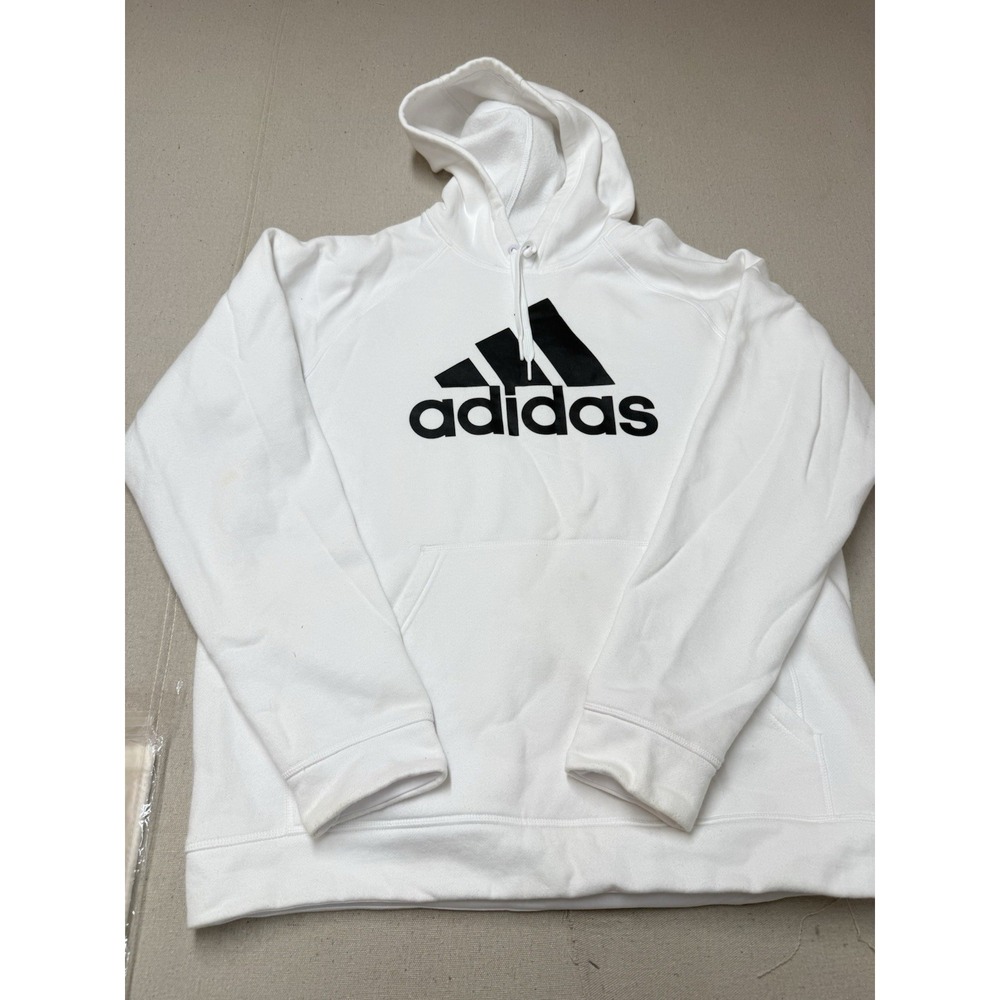 Adidas Men’s XL White Pullover Hoodie Black Logo Kangaroo Pocket A2